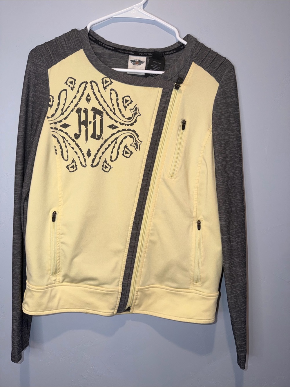 Harley-Davidson Yellow and Gray Asymmetric Zip Bomber Jacket with HD Graphic